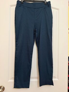 Chico's Teal & Navy Blue Diamond Pattern Straight-Leg Stretch Pants Sz 2R (12R)